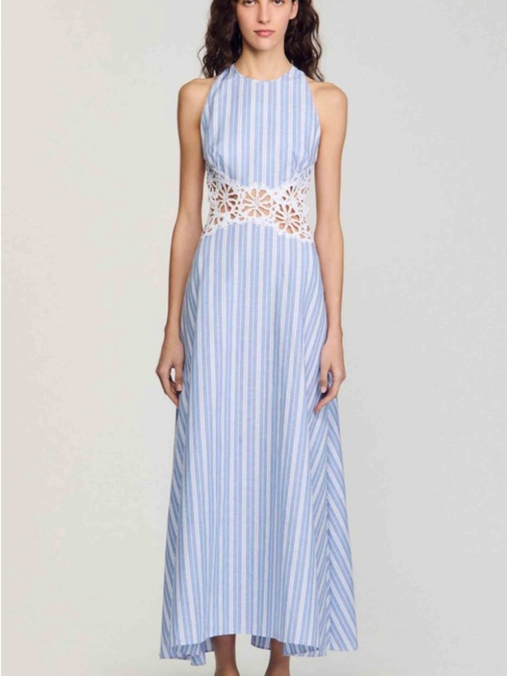 Sleeveless Blue-White Striped Maxi Dress with Lace Waist